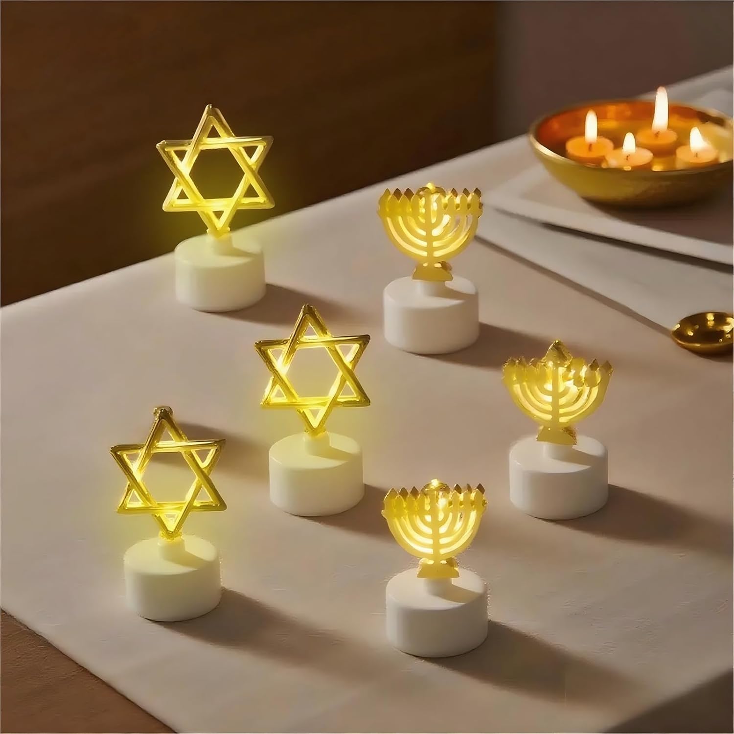 6 Pack Hanukkah LED Flameless Candle Lights, Gold Menorah and Star of David Tealight Candles Battery Operated for Hanukkah Decorations, Jewish Holiday Table Centerpiece Home Party Decor