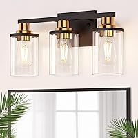 DORESshop 3-Light Black Gold Bathroom Vanity Light Over Mirror, Clear Glass Shades, ETL Listed for Bathroom Bedroom Hallway