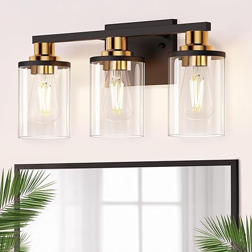 DORESshop Lámparas de baño, 3 luces negras y doradas para baño sobre espejo con pantalla de vidrio transparente, luces de tocador para baño,