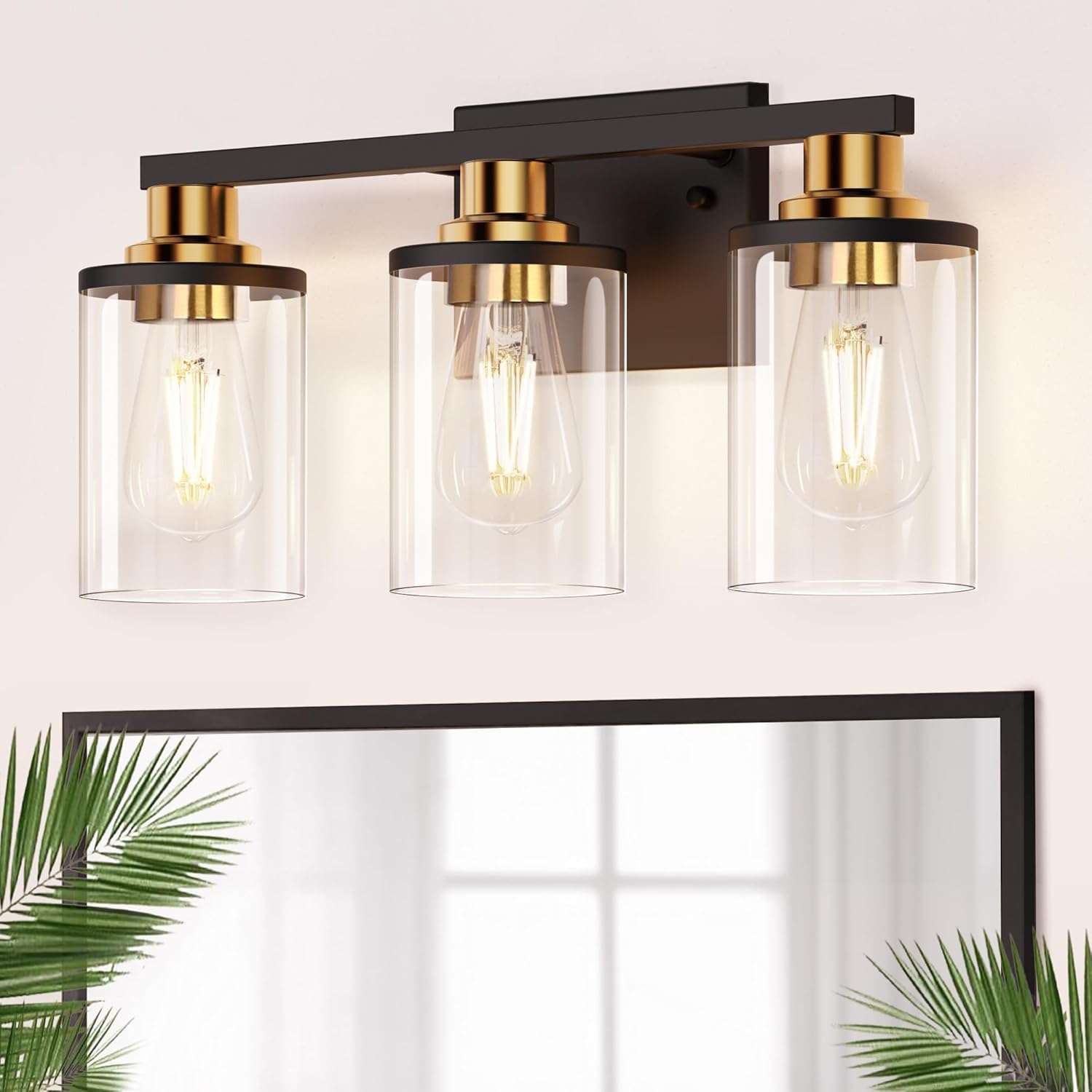 DORESshop Bathroom Light Fixtures 3-Light Black and Gold Bathroom Lights Over Mirror with Clear Glass Shade Vanity Lights