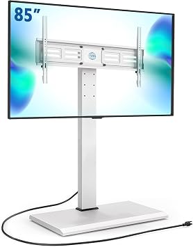 FITUEYES Iron Base Floor TV Stand with Power Strip, Tall TV Stand with Swivel Mount for 50-85 Inch Plasma Flat Panel or Curved Screen TVs Height Adjustable Wire ManagementWhite,with Power Outlet