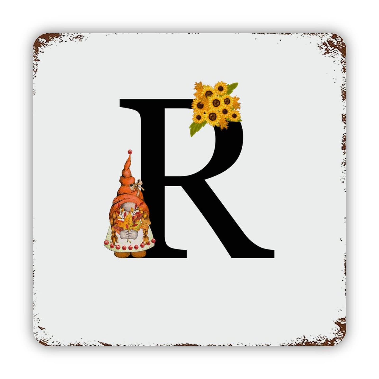 ENEDNATE Farmhouse Rustic Aluminum Sign Initial Letter R Sunflower Gnome Metal Sign Retro Aluminum Tin Sign for Kitchen Bedroom Living Room Wall Art Door Hanger Home Decor Sign 12x12 Inch