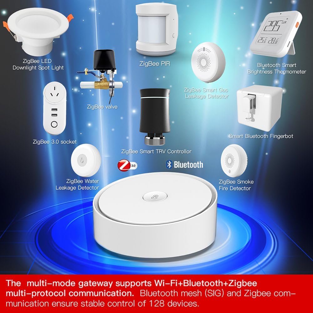 Gateway ZigBee 3.0 + Bluetooth BLE Mesh, mit integriertem Alarm, App TUYA Smart Life, 2 in 1 Hub, intelligentes Zuhause, 5 V 1 A, IP20, 92 x 92 x 40 mm, Fernbedienung App