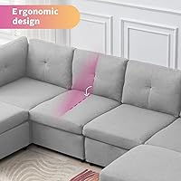 Vista 4 de Sofá modular seccional, sofá convertible en forma de U con otomanas extraíbles, diseño capitoné, sofá modular de 6 asientos para sala de estar, gris