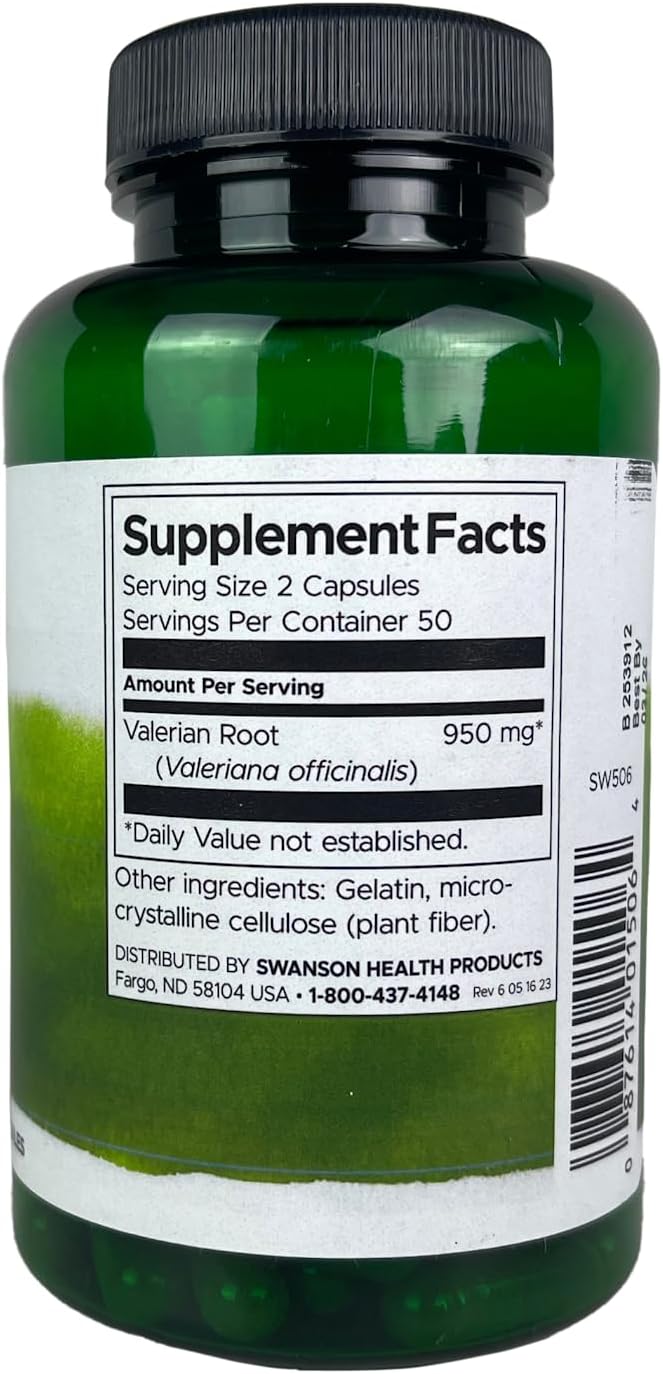 Swanson Valerian Root - Herbal Supplement - Relaxation and Sleep - 100 Capsules, 950mg per Serving