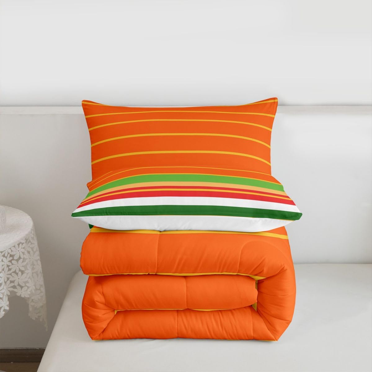 jejeloiu Orange Green Yellow Stripes Comforter Set Twin Size Geometric Bedding Set for Kids Boys Girls Modern Duvet Quilt Luxury Bedroom Decor Microfiber 2 Pcs with 1 Pillow Cases