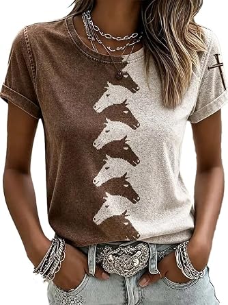 Women's Western Style Cross Round Neck T-Shirt Horse