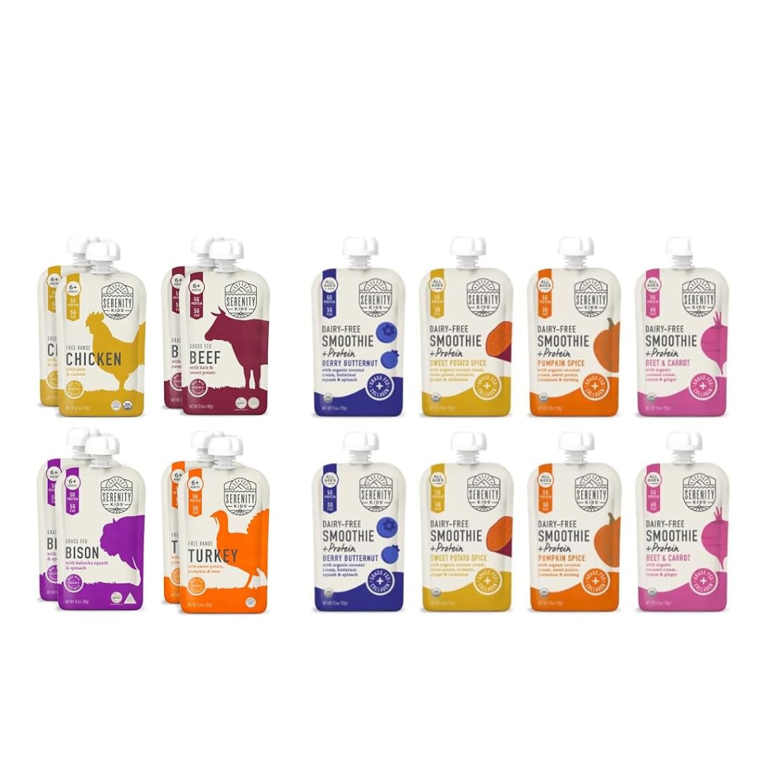 Serenity Kids Sweet & Savory Baby Food Pouch Large Bundle: Grass Fed Beef & Bison, Free Range Chicken & Turkey, Dairy Free Organic Smoothies, 16 Count, No Added Sugar, 7+ Months, On-the-Go Snacks
