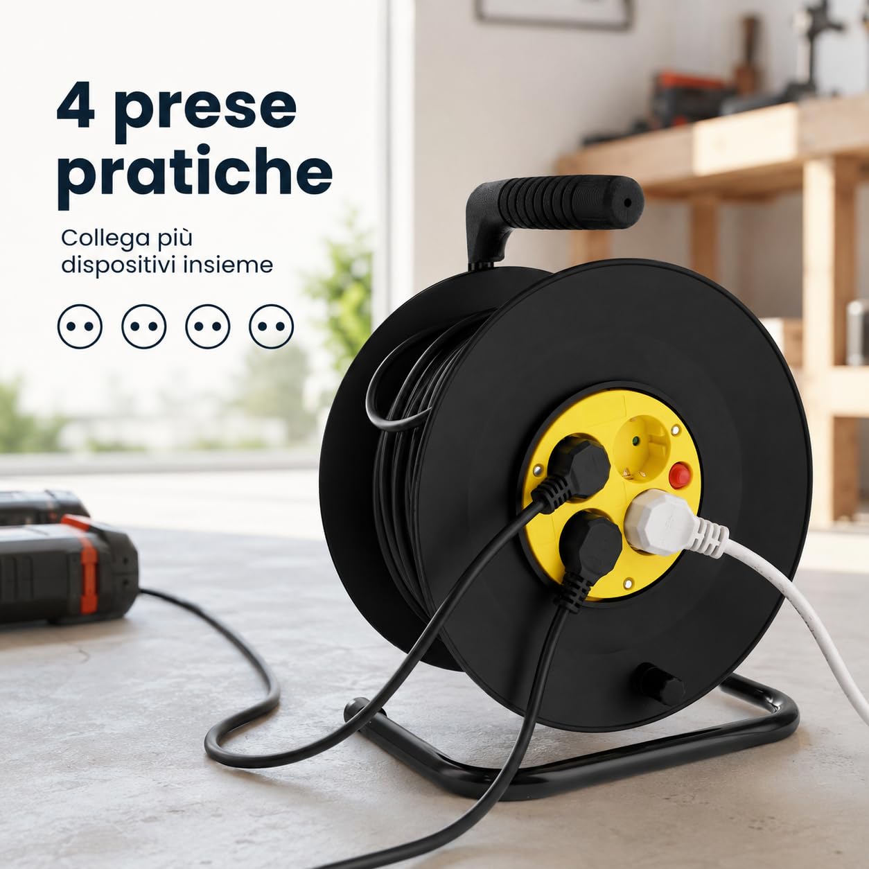 M mimotec - Avvolgicavo da Esterno 50m 4 Prese 3200W 16A, Cavo H05VV-F 3G1,5mm², Protezione Bambini, Prolunga Elettrica per Giardino, Garage e Officina