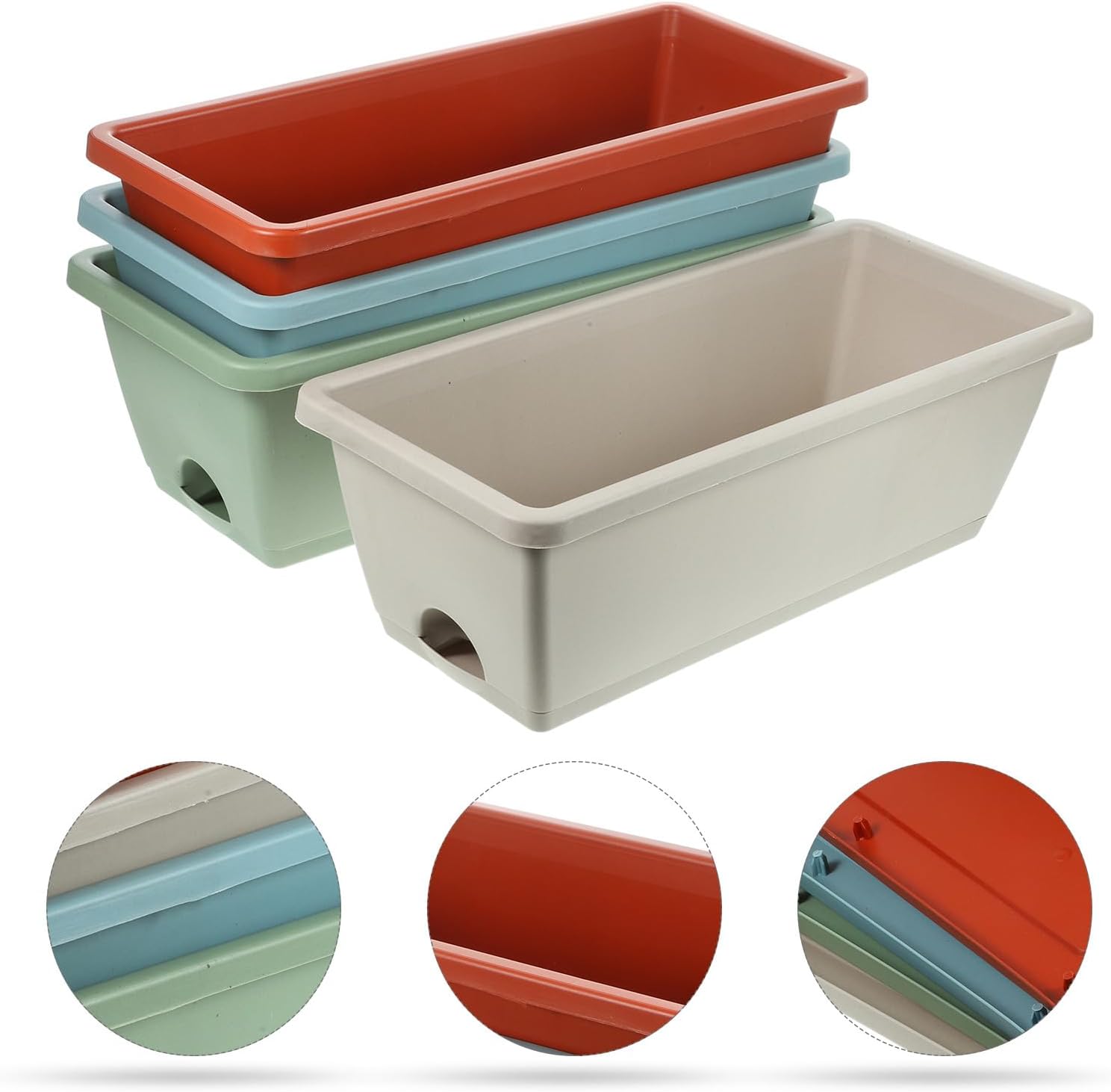 jojofuny 4 Sets Medium Rectangular Vegetable Growing Planters with Drainage Trays, Plastic Window Box Garden Pots for Indoor Outdoor Balcony, 43cm Length, Multi-Color