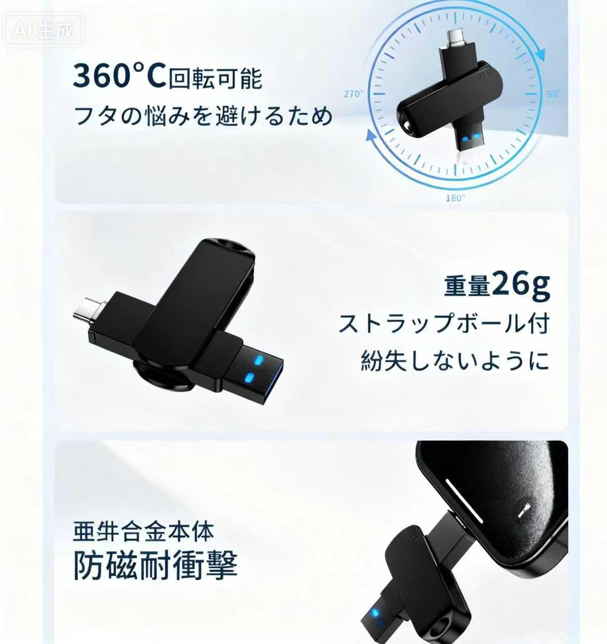 大容量 USBメモリ 大容量 USB&Type-C メモリ 外付けメモリ 360度回転 【インタラクティブ】 パソコン ノートパソコンに共通で使用