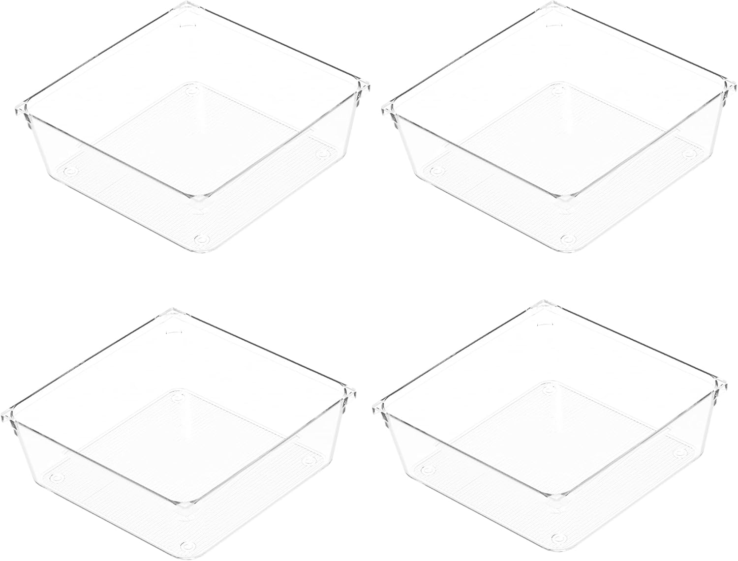 4 Pack Drawer Organisers - Sturdy Clear Plastic - Versatile Storage for Kitchen, Bathroom, Utensils, Makeup, Office, and Desk Accessories (15.2cm x 15.2cm x 5.1cm)