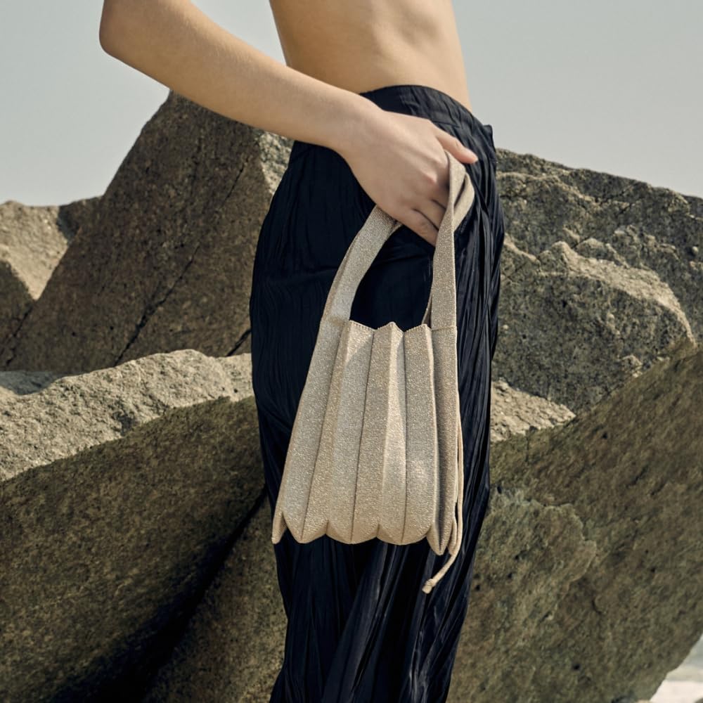 JOSEPH & STACEY Lucky Pleats Knit Bag – Small Platinum | Lightweight Foldable Knit Shoulder Tote Bag for Women | Minimalist Stylish Daily Purse for Work, Travel, Shopping, and Casual Outfits