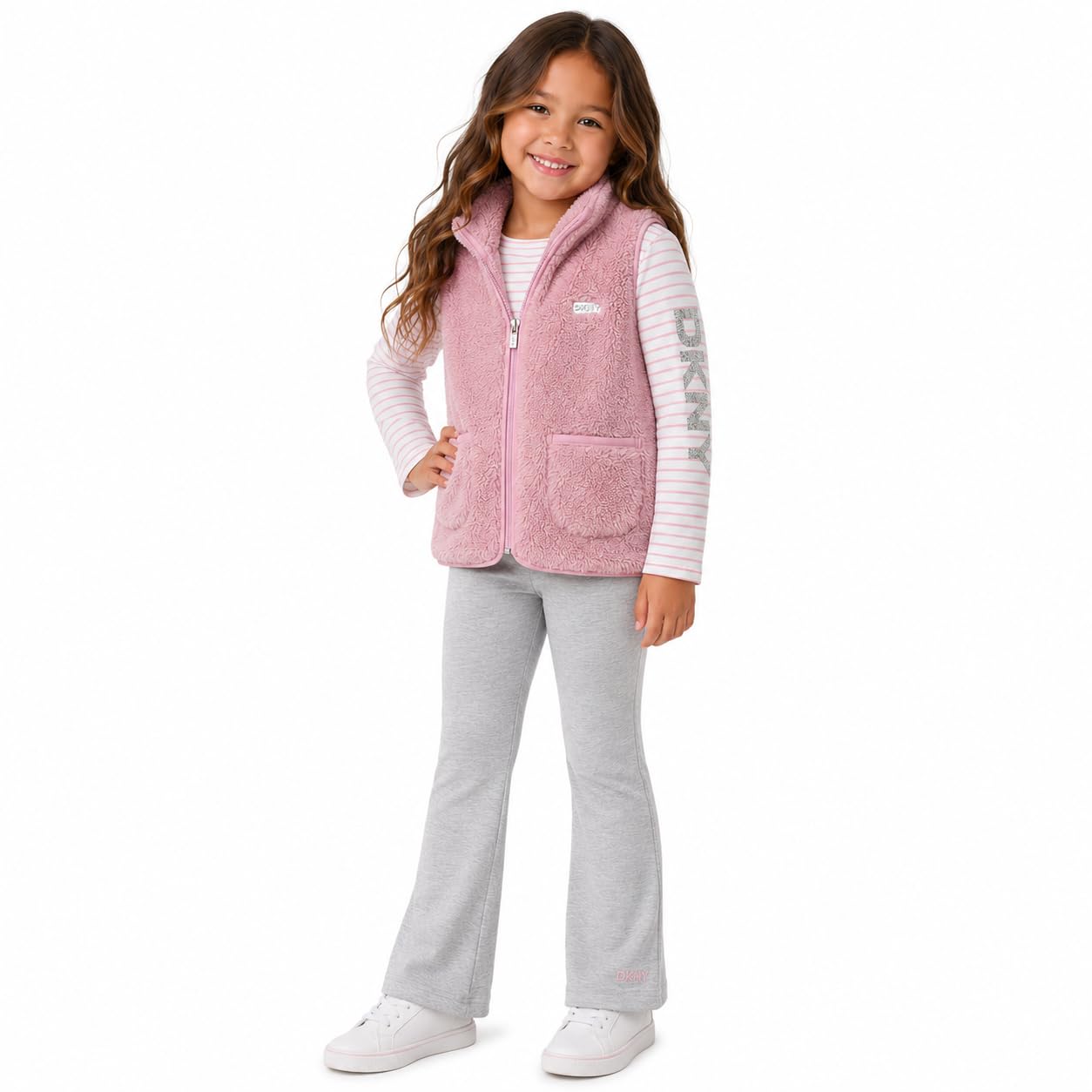 DKNY Girls 3 Piece Puffer Vest Shirt and Flare Leggings Set