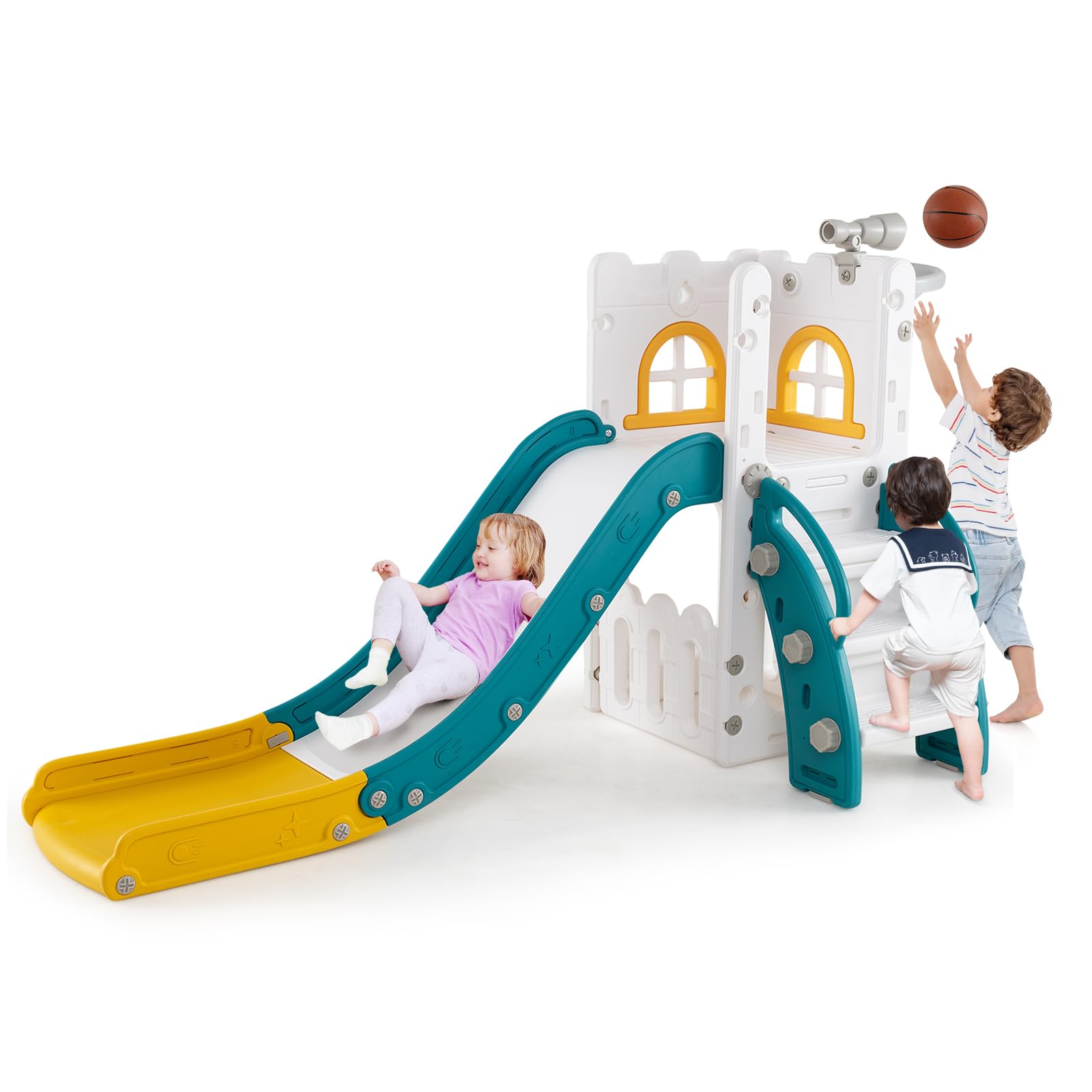 COSTWAY 6 En 1 Centre D'activités Pour Enfants – Toboggan 140 Cm, Panier Basket, Escalade, Tunnel, Télescope – Dès 3 Ans
