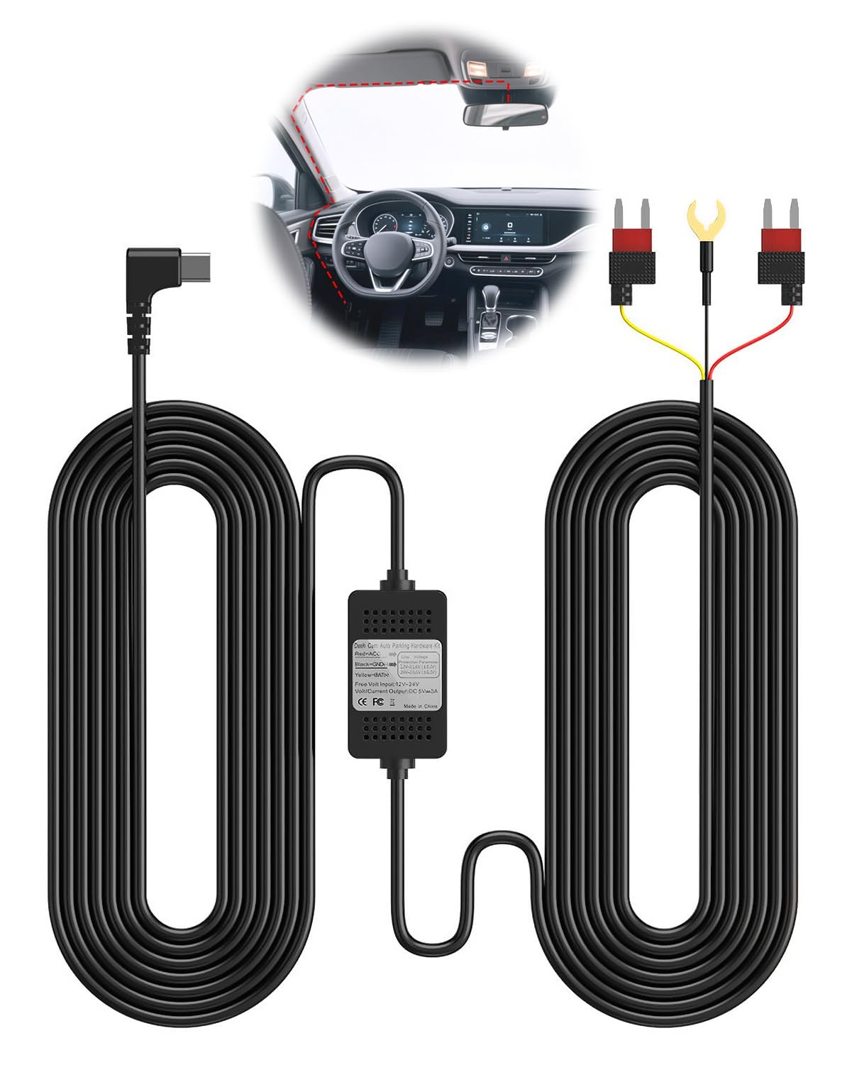 Kit Cablaggio Dashcam USB-C Kit di Cablaggio Hardwire Kit di Tipo C per Dashcam USB-C Dash Cam Hardwire Kit 3,5m DC 12V-24V a 5V/3A con Monitoraggio del 24H Parcheggio Protezione da Sottotensione