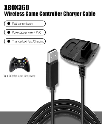 Charging Cable Compatible with Xbox 360, Wireless Controller USB Charging Cable Compatible with Microsoft Xbox360 / Xbox 360 Slim Wireless Game Controllers (10FT)