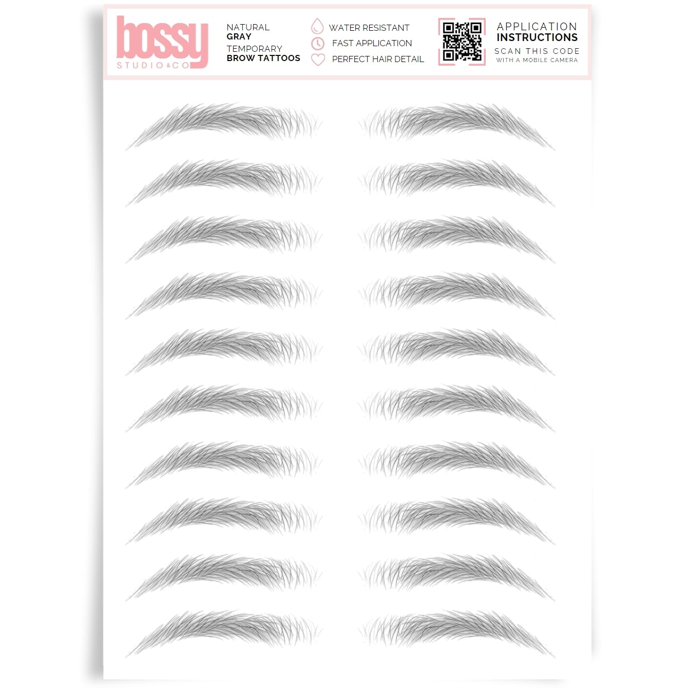 Brows by Bossy Studio & Co Temporary Eyebrow Tattoos Waterproof Eyebrow Stickers, False Tattoos Hair Like Peel Off Instant Transfer Brow natural gray