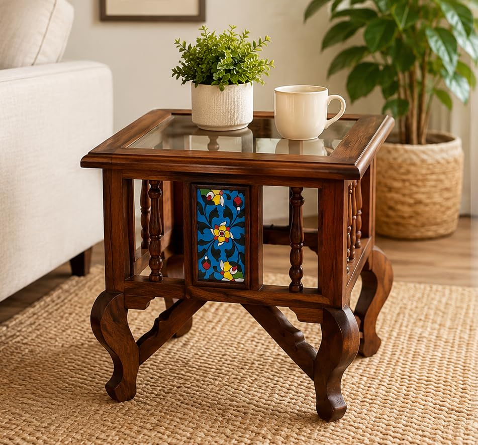Kamoni Traditional Antique Look Teak Wood Side Table/Corner Table/End Table/Small Coffee Table with Glass top (18 x 15 x 15) inch-image-3