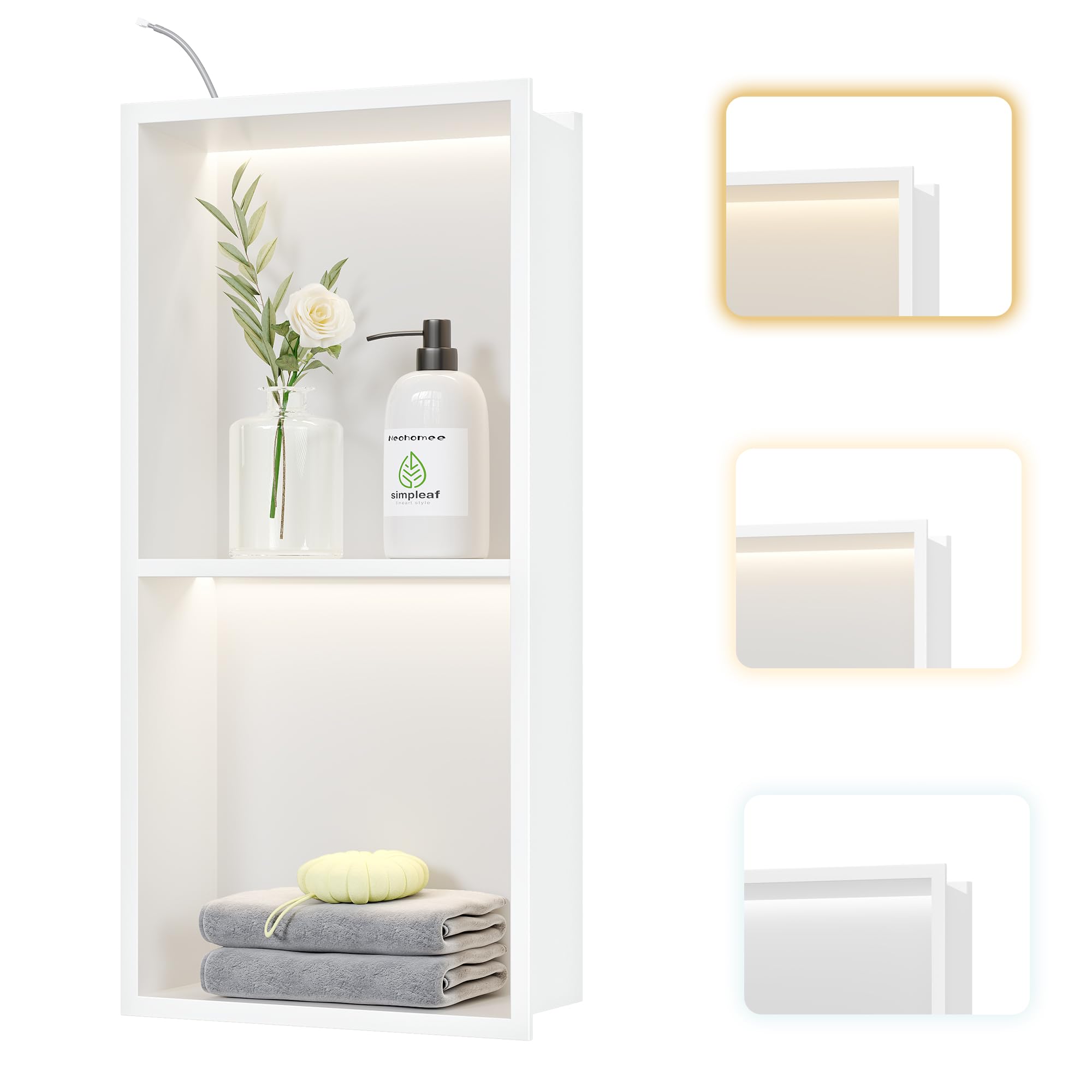 Doccia a muro in acciaio inox con luce a LED, con mensola, 60 x 30 cm, con regolatore di temperatura del colore, per riporre e decorare il bagno, bianco