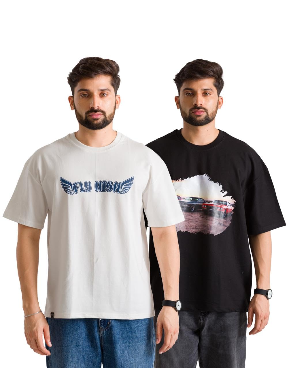 Stile-VITA Unisex 240 GSM Heavyweight Oversized T-Shirt | 100% Cotton Drop Shoulder Loose Fit Casual Streetwear Tee | White & Black