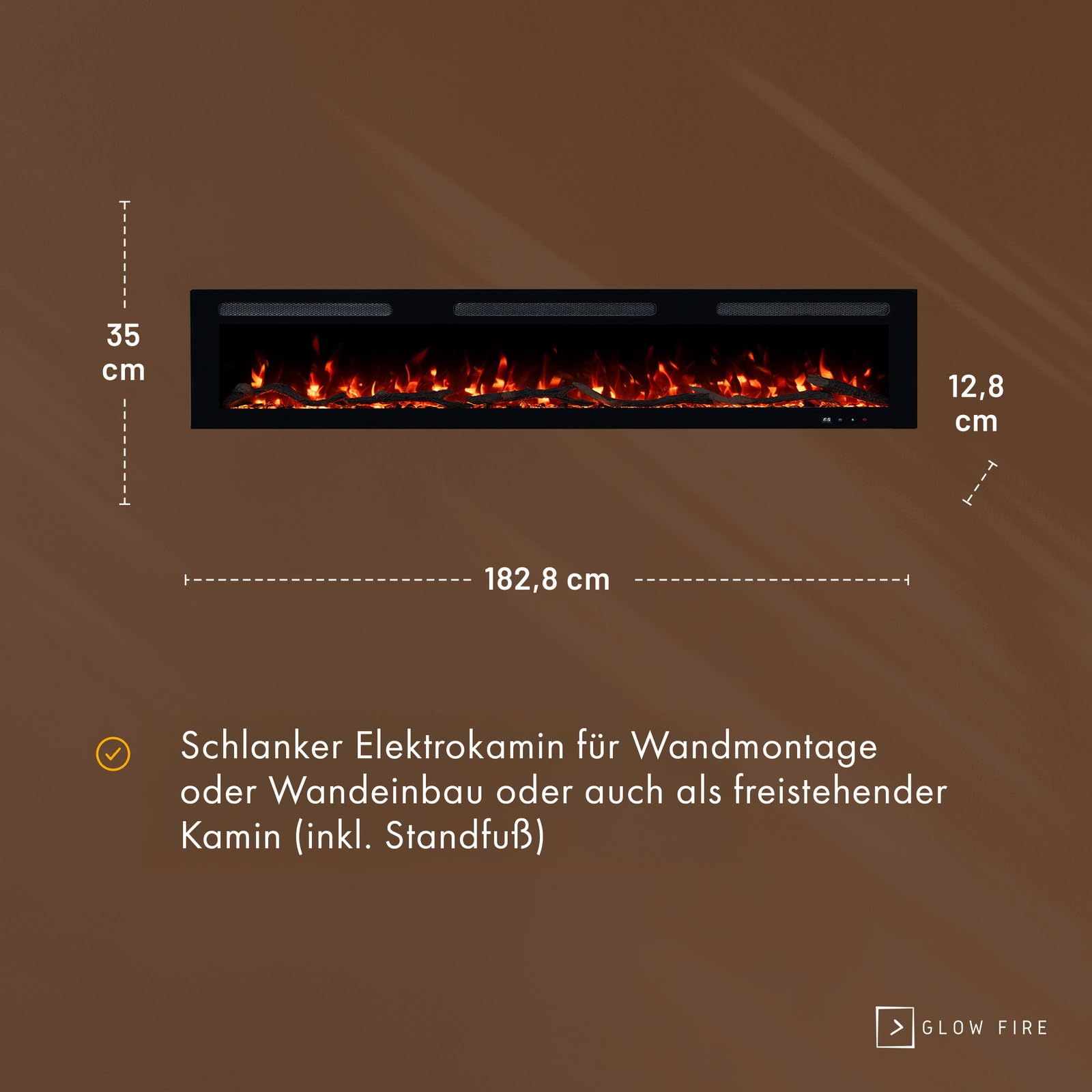 GLOW FIRE Kominek elektryczny Inside 182 z realistycznym ogniem LED 3D – ścienny kominek elektryczny z ogrzewaniem i ogniem, sterowanie za pomocą aplikacji, efekt trzaskania i timer, maks. 1800 W, 182