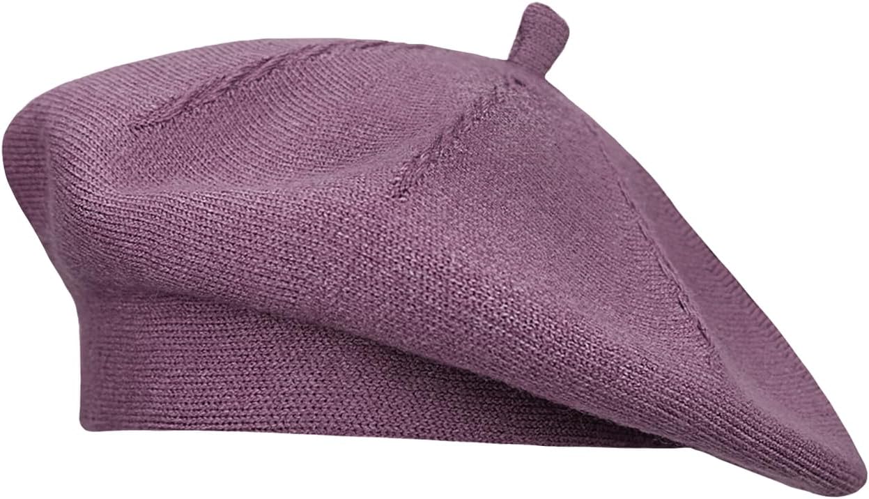 Gllutt Beret Hat French Style Stretchy Knitting Solid Color Both Side Usable