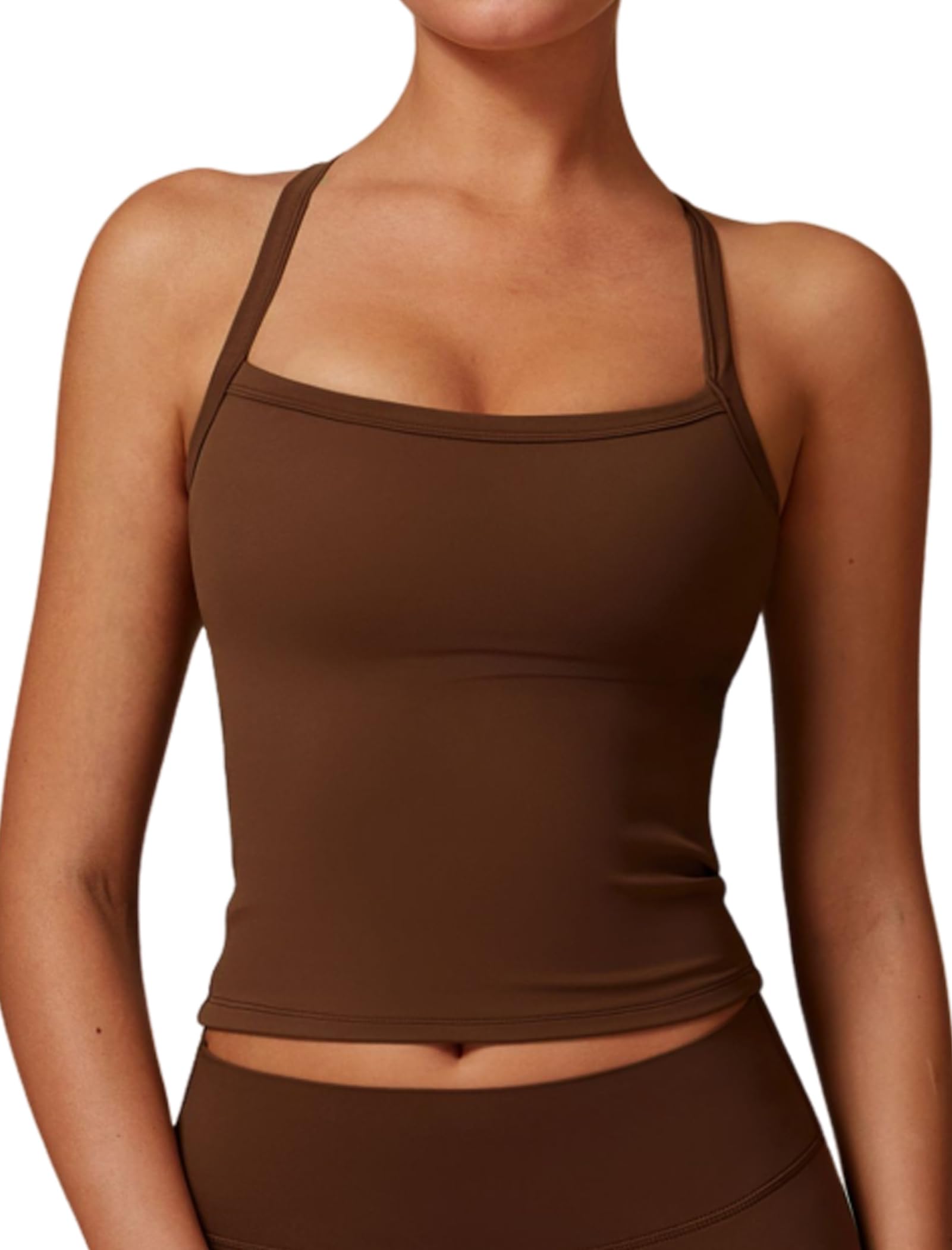 Womens Scoop Neck Longline Sports Bras Fixed Cross Back Women Workout Crop Tank Tops with Built in Bra Active Wear Athletic Work Out Gym Yoga Padded Bra Tank Top Brown S