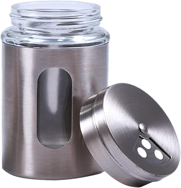 1 Pack Large Salt Shaker with 3 Adjustable Pour Holes - 7×10.9 cm Salt and Pepper Shaker with Stainless Steel Outer Layer and Internal Thick and Durable Glass for Granular Seasoning