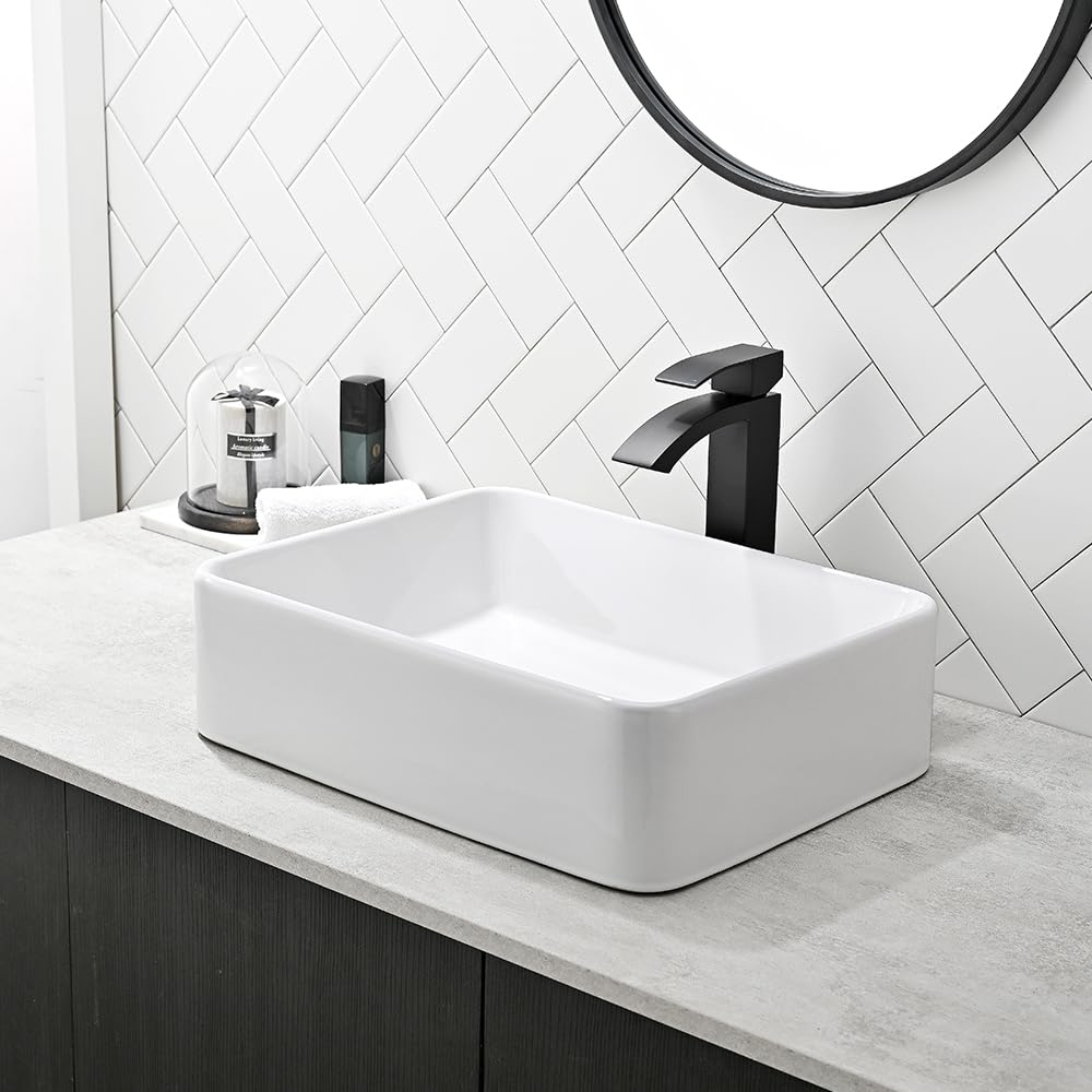 White Bathroom Vessel Sink, Swift Horse 19"x 15" Rectangle Vessel Sink With Black Faucet And Drain Combo, Above Counter Vessel Sinks For Bathroom