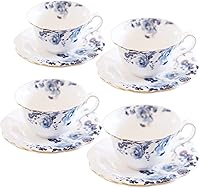 Jomop Blue & White Ceramic Tea Cups and Saucers Set of 4 - 5oz Porcelain Demitasse Mugs for Coffee, Espresso, Tea - Dishwasher Safe