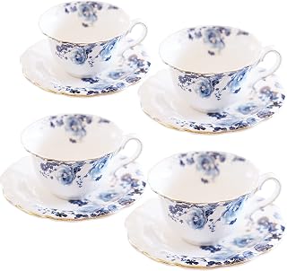 Jomop Blue White Ceramic Tea Cups Saucers Set of 4 - 5oz Porcelain Demitasse Espresso Mugs for Coffee Tea