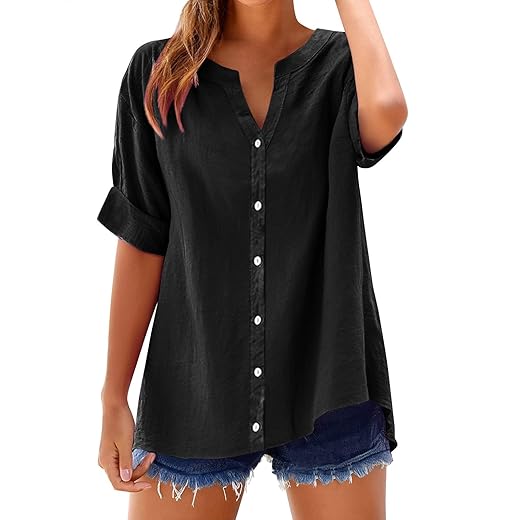 Linen Shirts for Women 2025 Summer Cotton Short Sleeve Button Down Blouses Casual Oversized Solid Color Tunic Tops