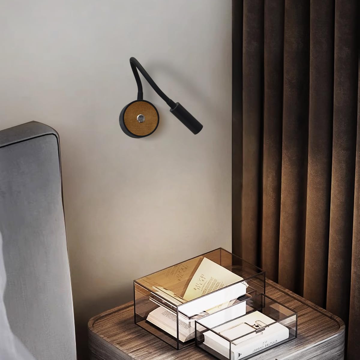 Lampe Murale 360° Pivotant Col de Cygne - Applique Bois et Noir avec Interrupteur Pour Chambre, Couloir, Salle de Bain, Hôtel