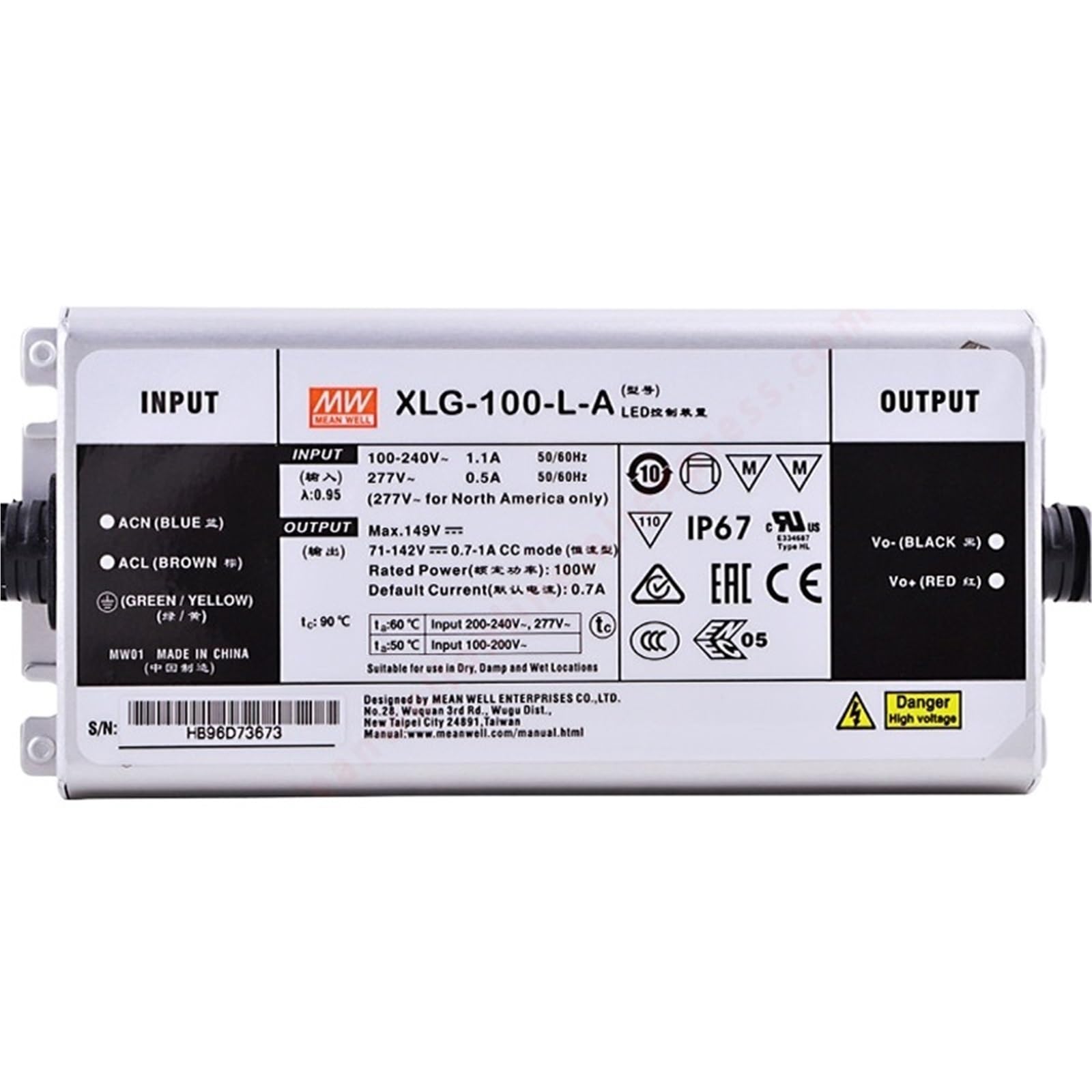 Fcarumiqp Xlg-100-L-A-100W Xlg-100-L-A Ip67 700-1050Ma/71-142V/100W Led Driver