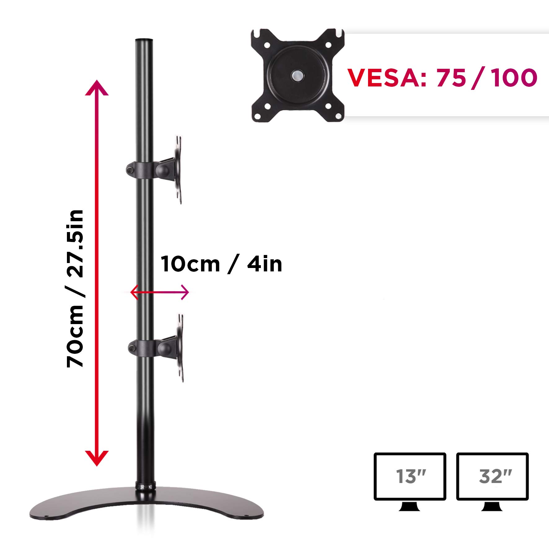 Duronic DM15D2V2 BK Doppio supporto monitor con base d’appoggio | 2 schermi 13”-32” | Altezza regolabile | Capacità 8 kg | VESA 75/100