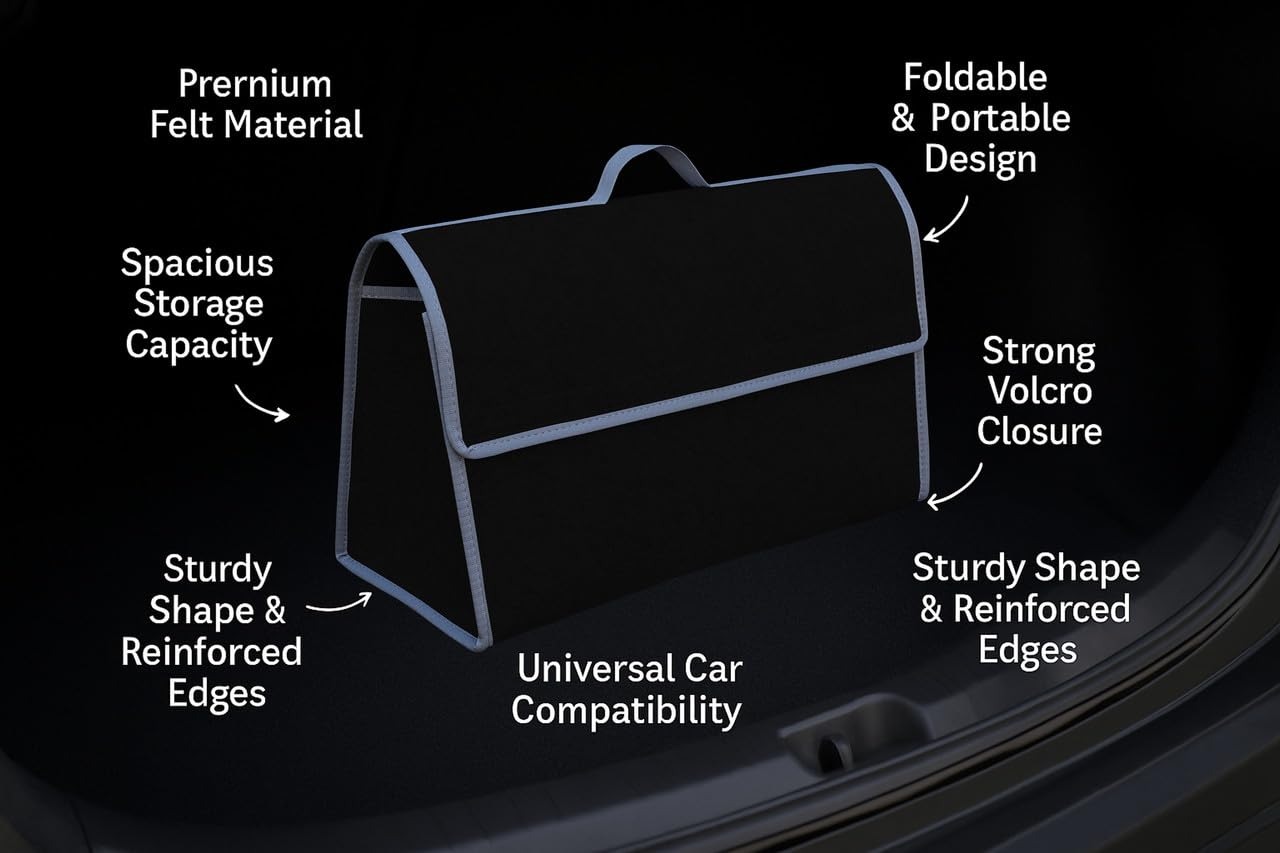MetDeals Premium Felt Car Trunk Organizer Tool Box Bag|Foldable Boot Storage Organizer with Hook & Loop Closure | Multi Utility Storage for Car Accessories, Tools, Cleaning Supplie(Black,18X6X9 Inch) MetDeals Premium Felt Car Trunk Organizer Tool Box Bag|Foldable Boot Storage Organizer with Hook & Loop Closure | Multi Utility Storage for Car Accessories, Tools, Cleaning Supplie(Black,18X6X9 Inch)