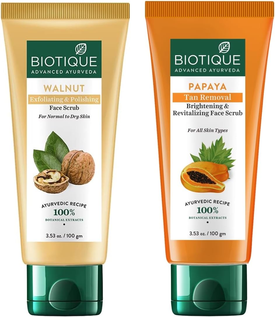Biotique Bio Papaya Revitalizing Tan-Removal Scrub, 100g & Walnut Purifying & Polishing Scrub, 100g