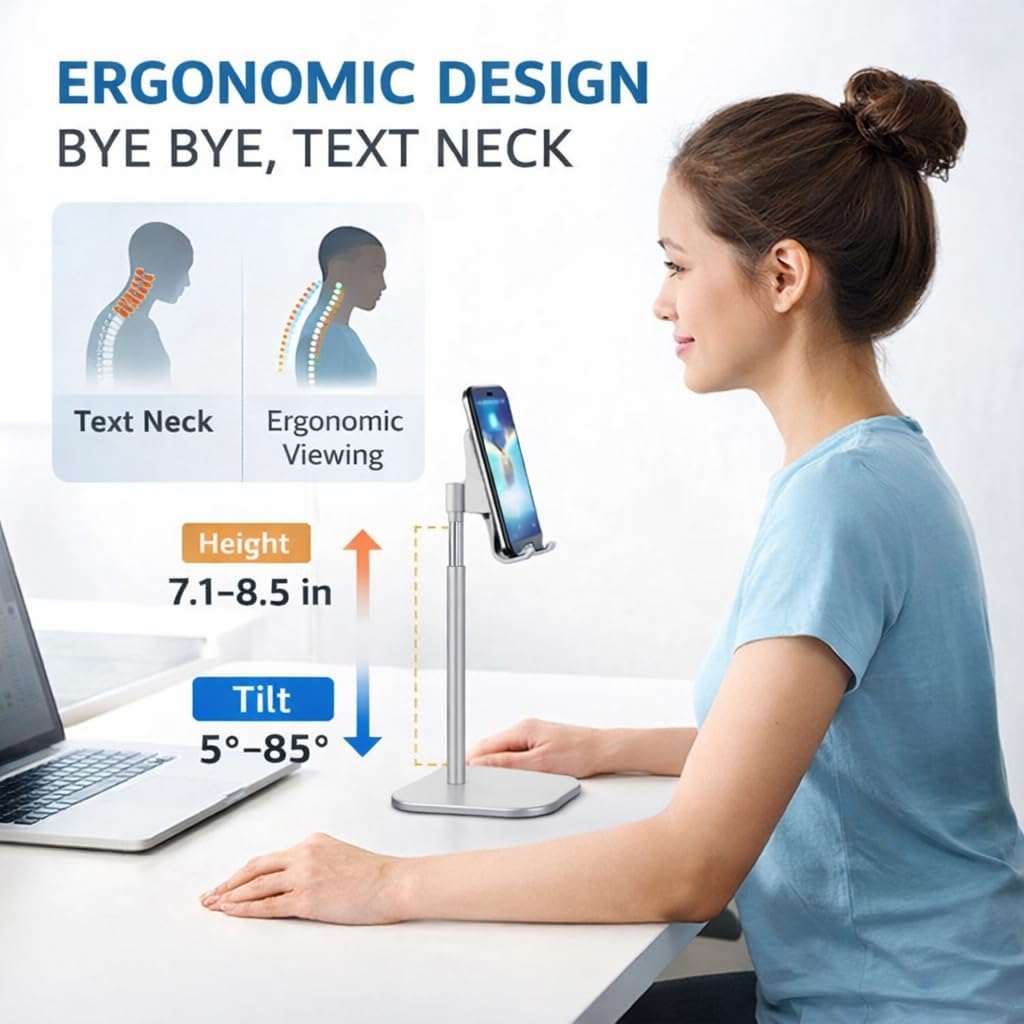Mizi Cell Phone Stand - Adjustable Angle & Height Desk Phone Holder Dock Compatible with iPhone 17/16/15 Pro Max, Samsung Galaxy, iPad, Switch & All Smartphones (3.5–10 Inch) - White image 3