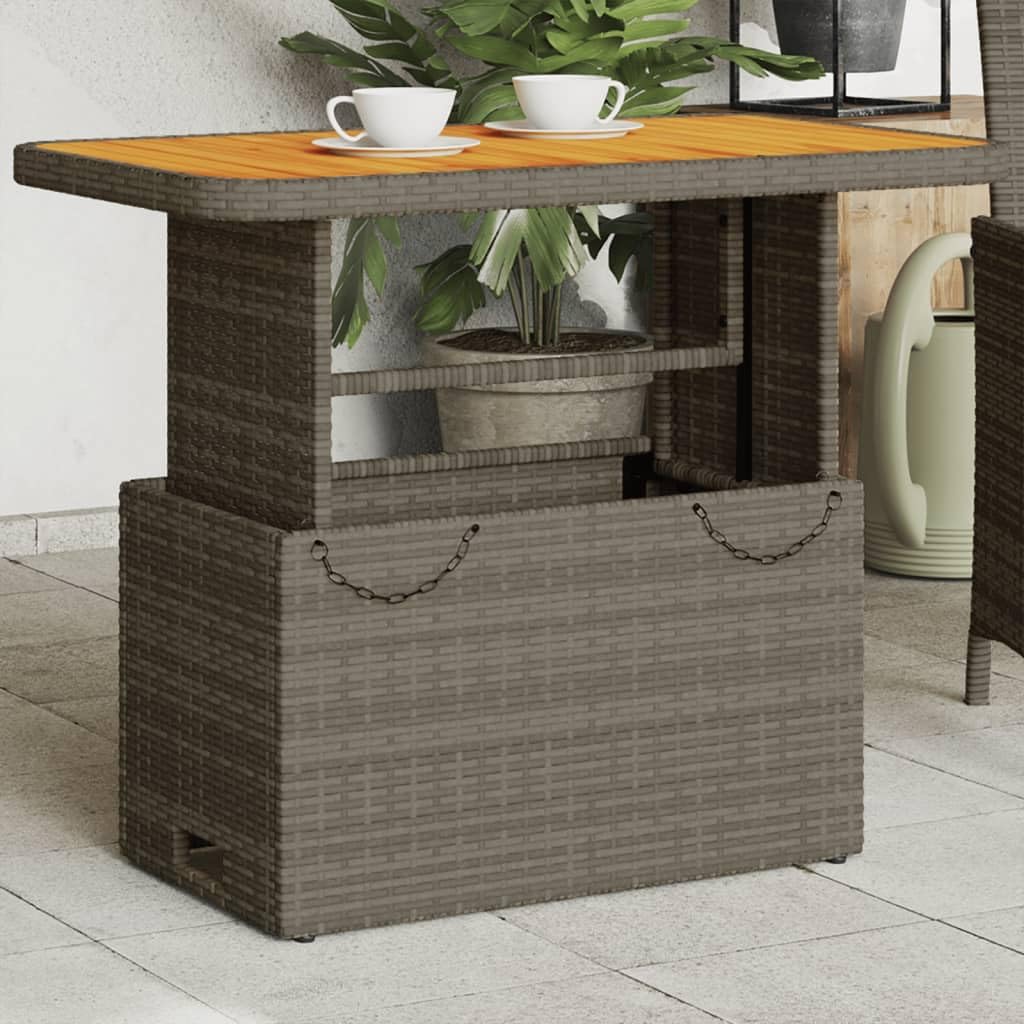 SXZenSpace Grey Lifting Garden Coffee Table 90 x 55 cm Acacia Wood & PE Rattan Adjustable Height Outdoor Bistro for Patio Balcony and Terrace Dining