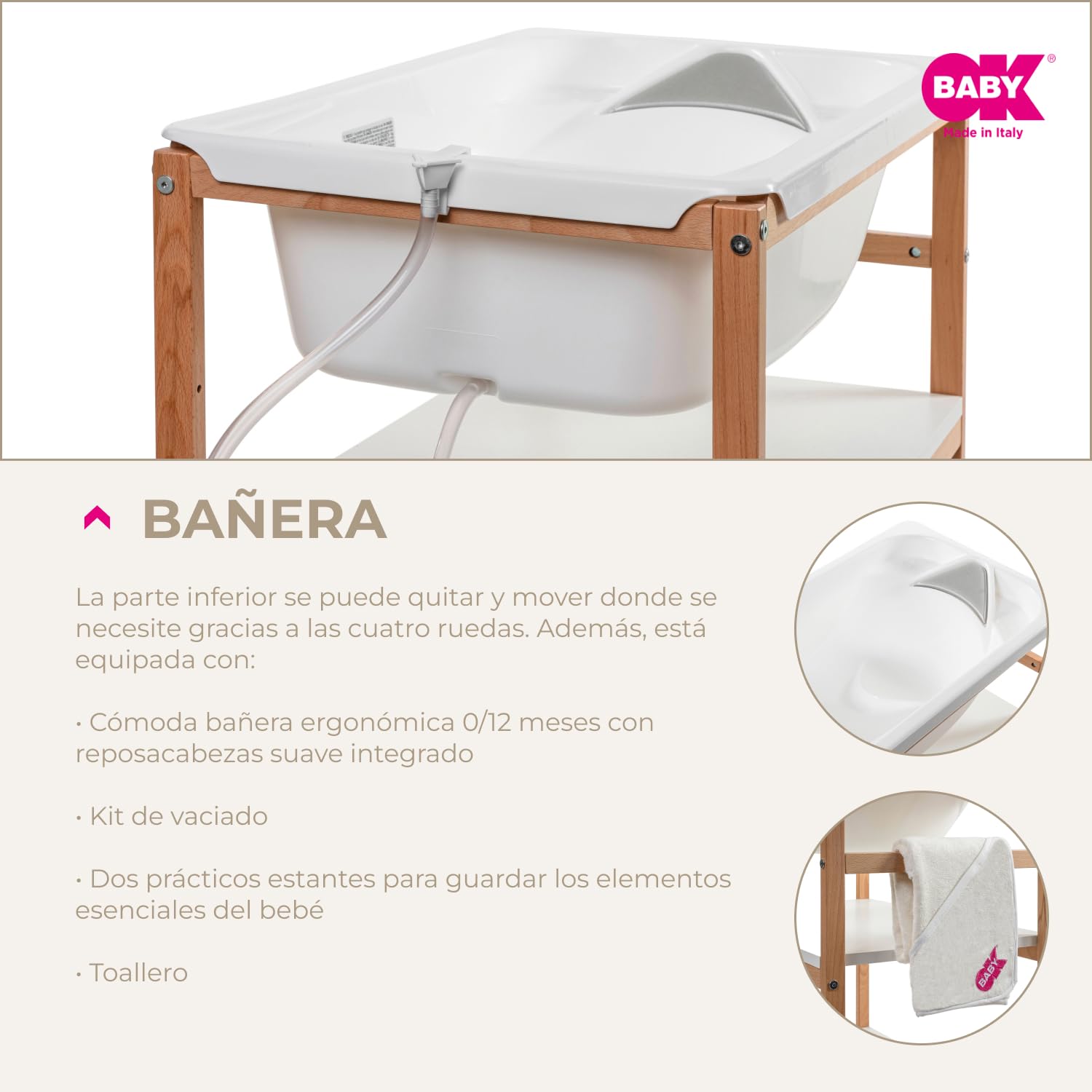 OKBABY Woody - Cambiador de madera con bañera ergonómica y ruedas, completo con cambiador suave para recién nacidos - 0-12 meses (11 kg) - Blanco