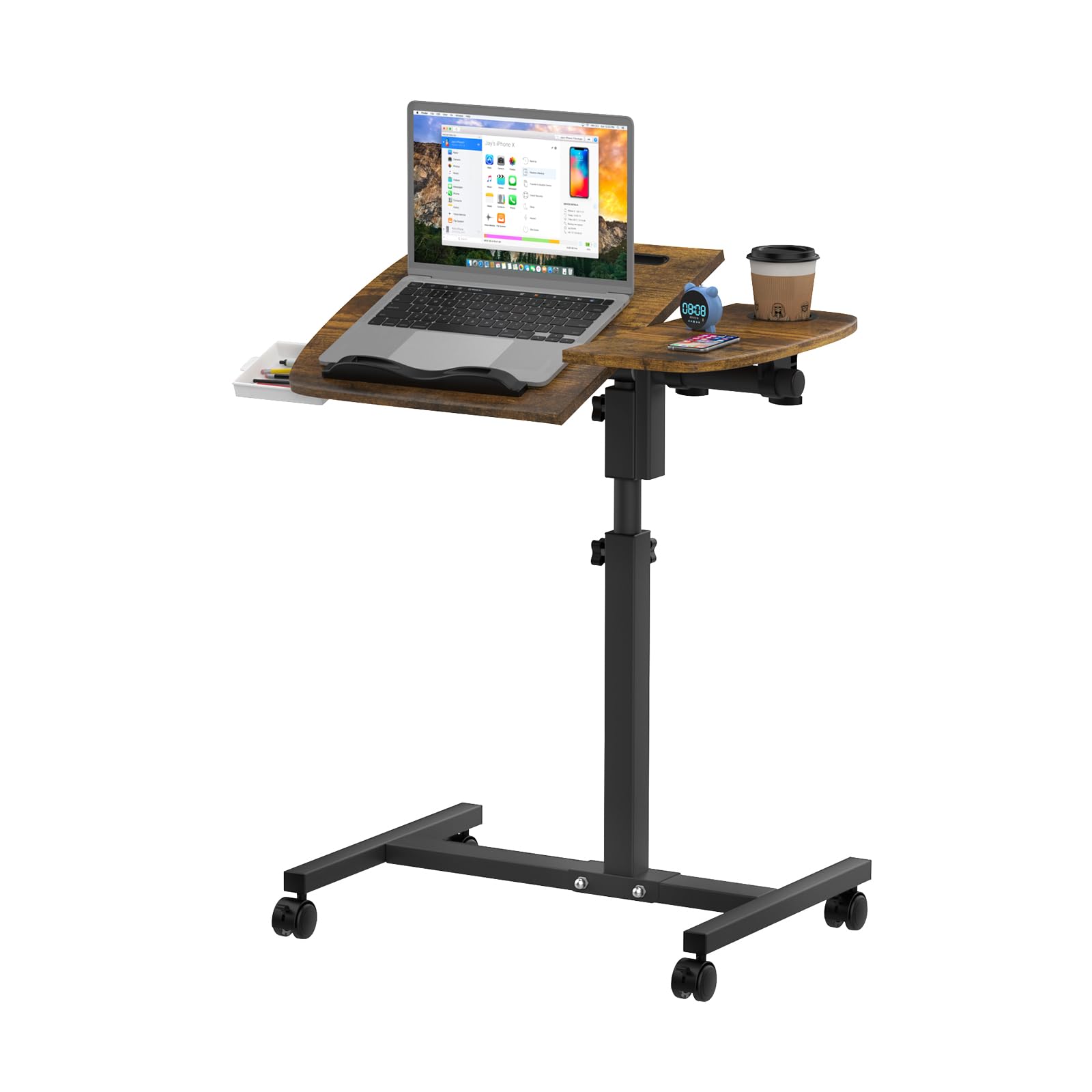 Escritorio para Ordenador Regulable Altura, Mesa Auxiliar con Ruedas, Mesa Ordenador Portatil, Mesa Elevable con Portavasos, Utilizado para Dormitorio, Oficina en Casa. (marrón, 60x40cm)