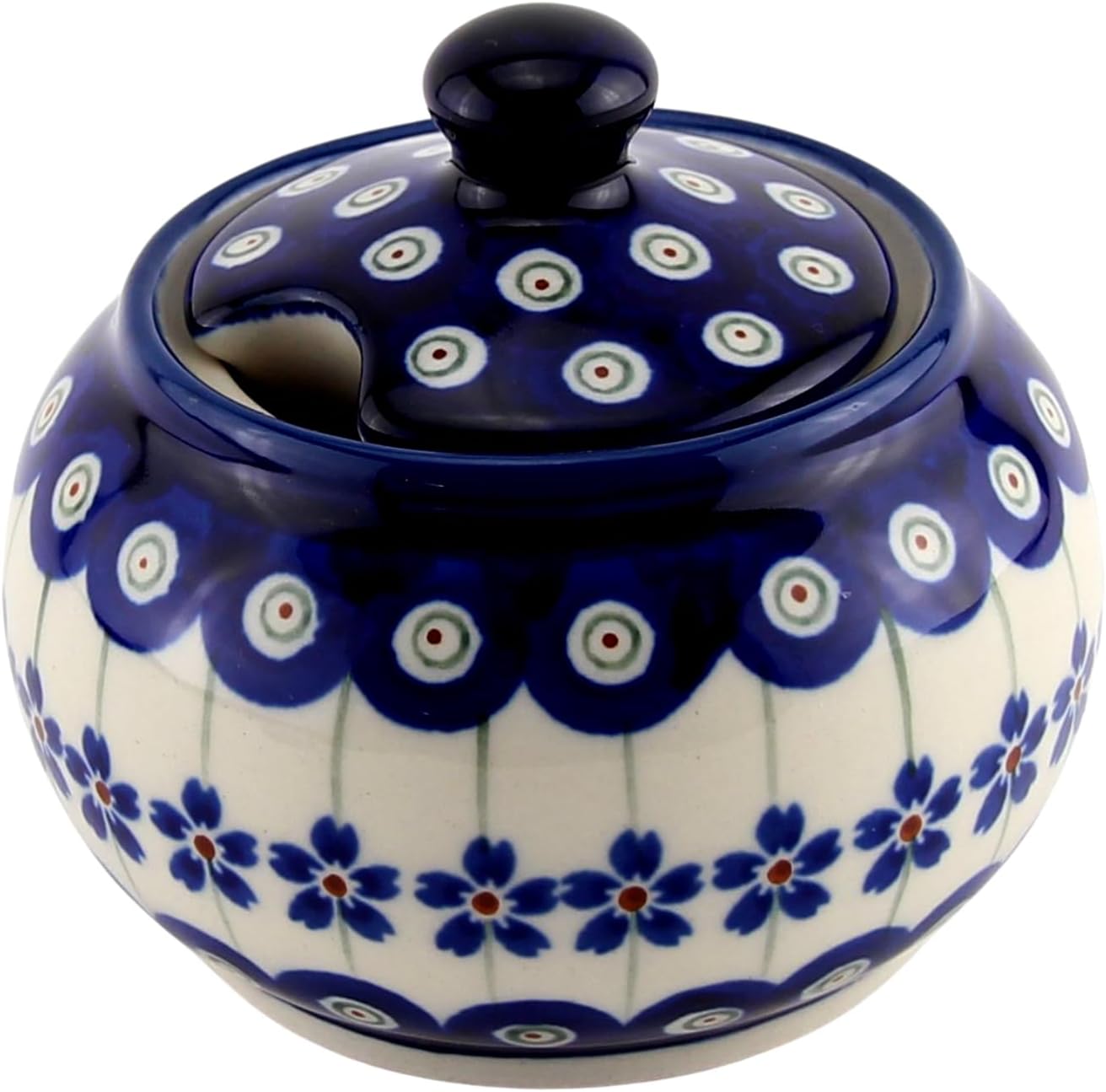 Polish Pottery Market Sugar Bowl with Lid 10 Oz. Hand-painted Polish Stoneware by Zaklady Boleslawiec Poland - Floral Peacock Pattern