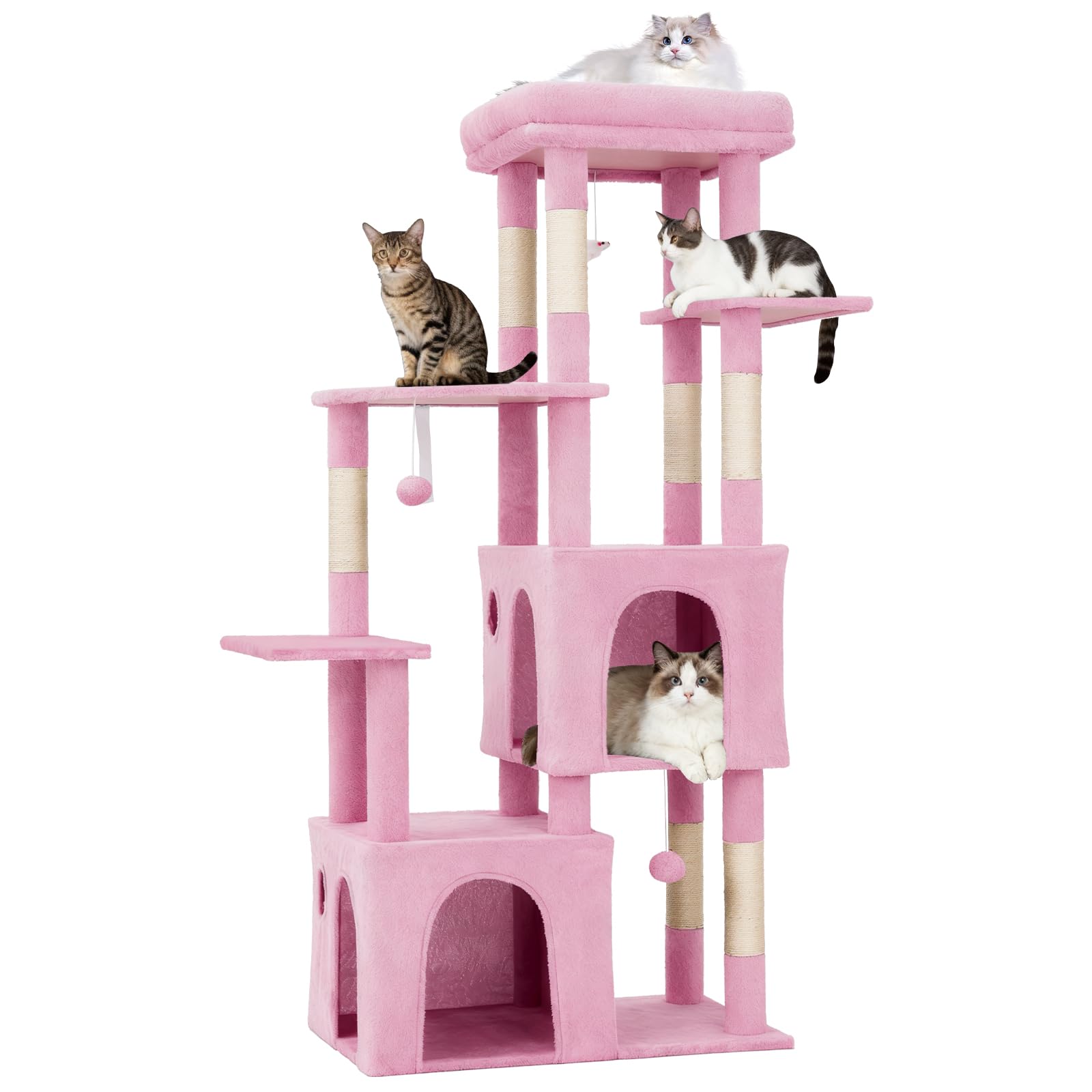 Garvee Arbre à Chat 157cm Stable pour Grands Chats et Maine Coon – Grand Plateforme, 2 Condos spacieux, poteaux à griffer en sisal Naturel, Jouets Suspendus, Multi-Niveaux pour Plusieurs Chats – Rose