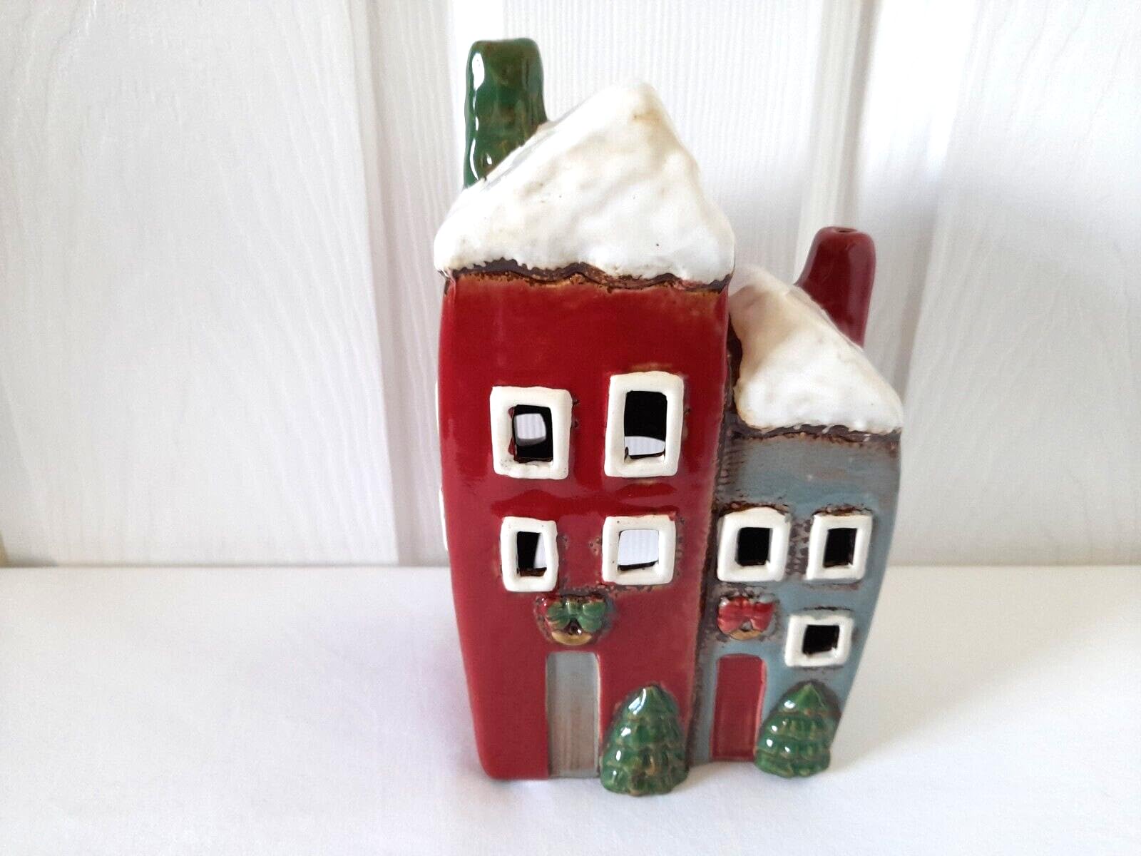 Christmas Two House Tall Cottages Tea Light Holder Red Grey Village Pottery