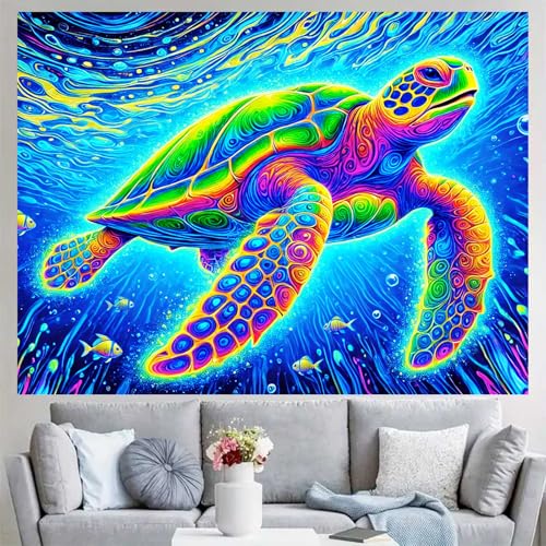 Image of BlissYard Blacklight Tapestry 78x59 Inch Sea Turtle Glow in the Dark Trippy Ocean Wall Art UV Reactive Neon Psychedelic Turtle Tapestry for Bedroom Dorm Party Wall Hanging Decor