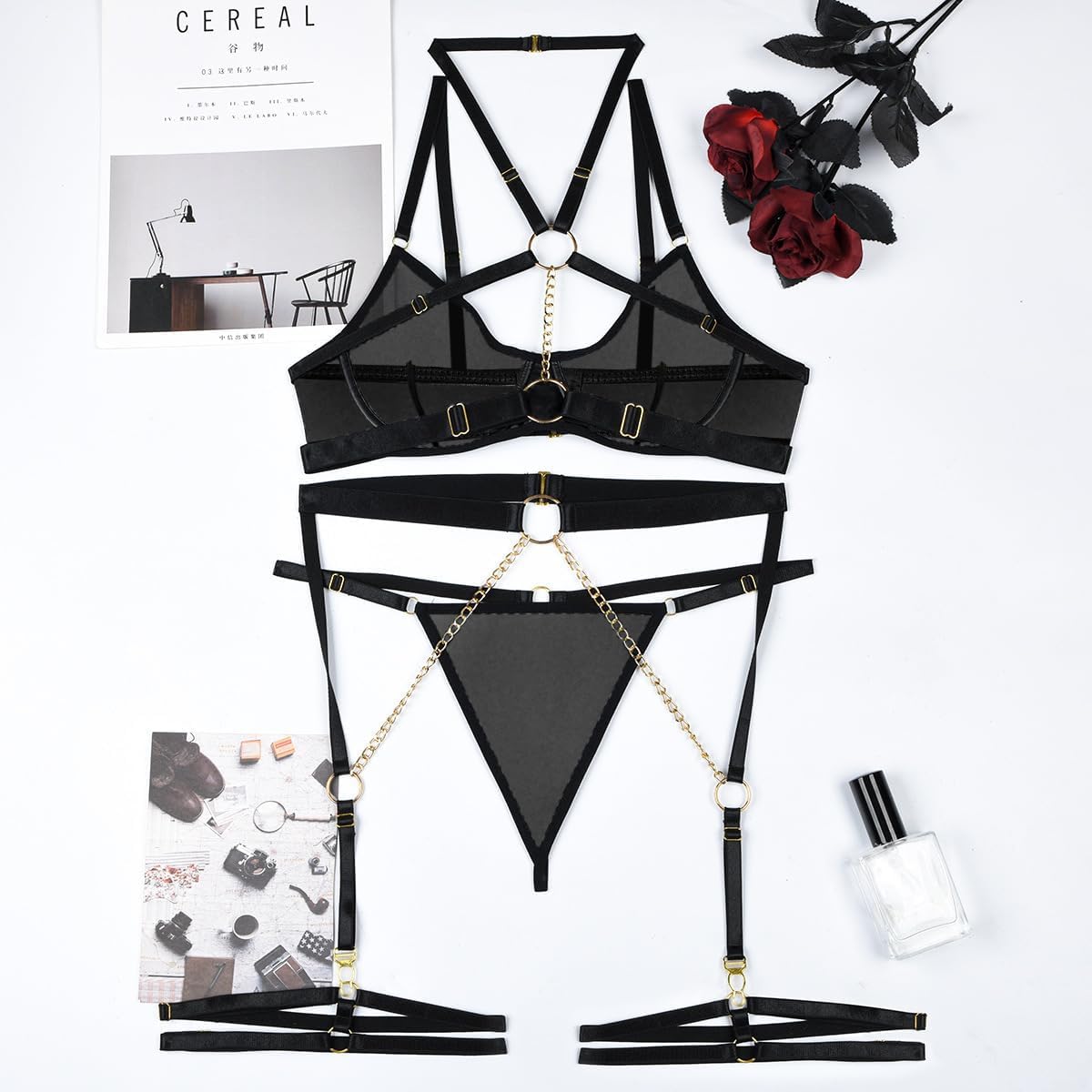 Lilosy Sexy Pu Leather Strappy Underwire Garter Belt Lingerie Set: Small Mesh Black