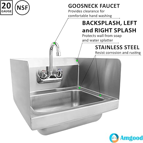 Miniatura 3 de AmGood Fregadero de mano de acero inoxidable para montaje en pared con salpicadura lateral de 12 x 12 pulgadas | Tamaño del cuenco: 8 x 10 pulgadas