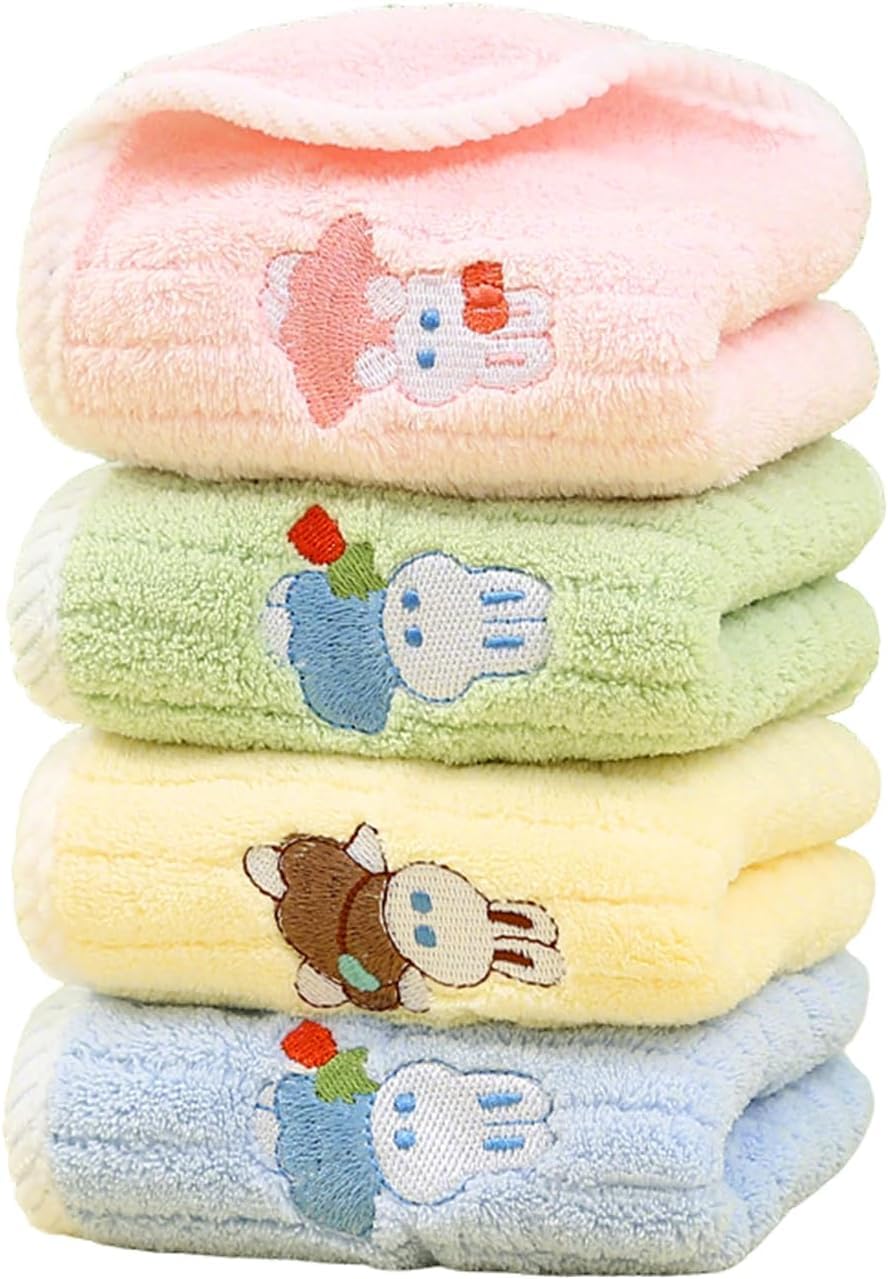 Daleweo 4 Pcs Kids Face Cloths, Soft Cotton Baby Washcloth Towels, Children's Facial Towels with Embroidered Cute Rabbit Design, Multi-Color Hand Towels for Boys and Girls, 25 x 50 CM