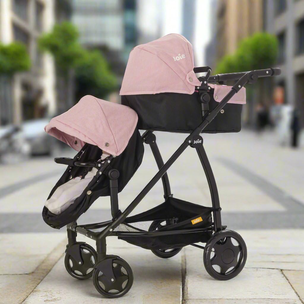 Joie Junior Evalite Twin Passeggino doppio rosa e nero, carrozzina doppia per bambole con maniglia regolabile in altezza e diverse opzioni di seduta, adatto per bambini dai 3 anni in su